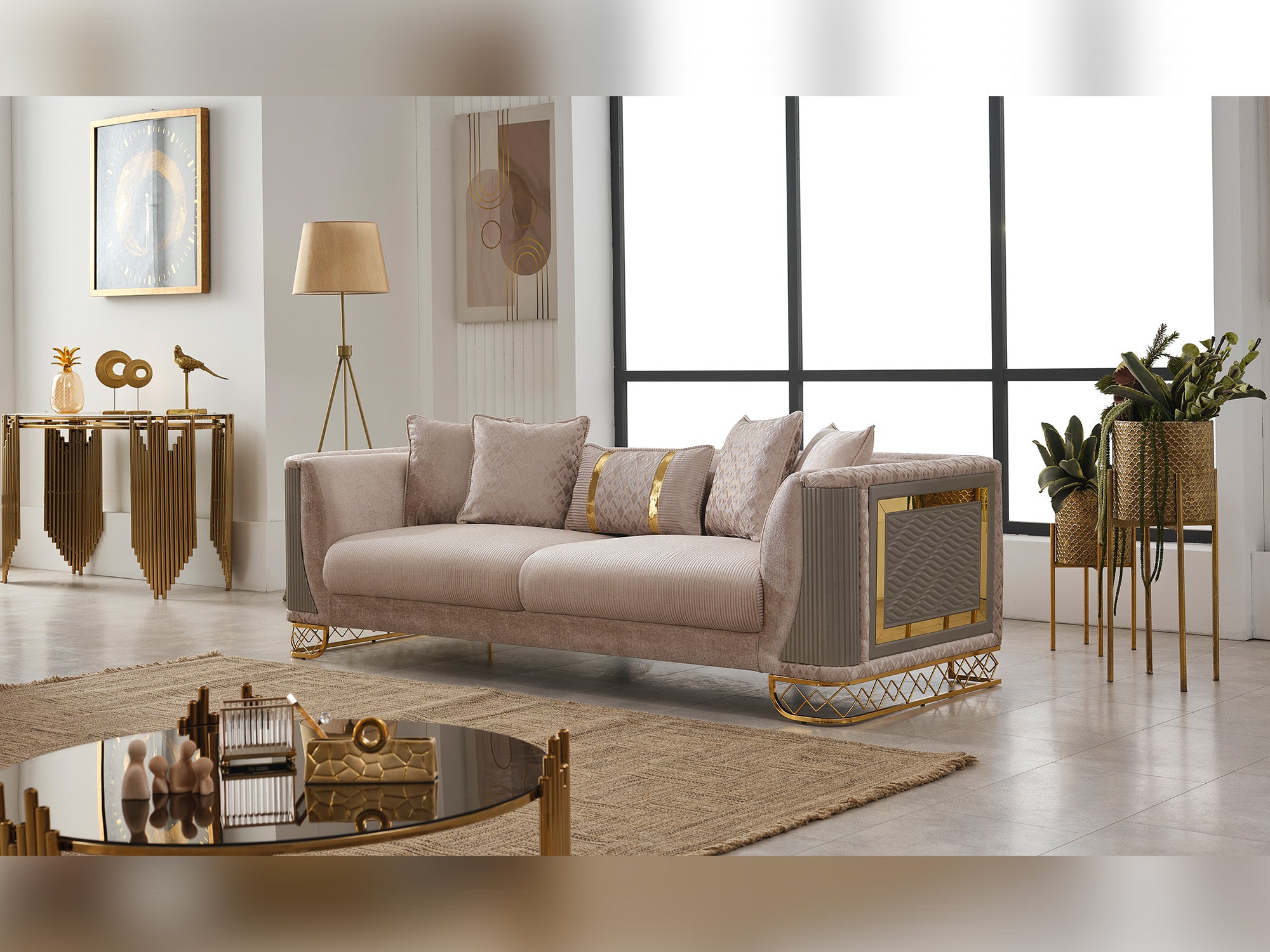 Valentino Stationary Livingroom (2 Sofa & 2 Chair) Beige
