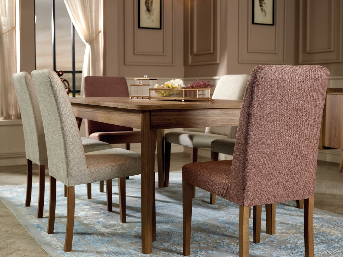 Akron Diningroom (Consol With Mirror & Dining Table & 4 Dusty Rose Dining Chair & 2 Beige Dining Chair)