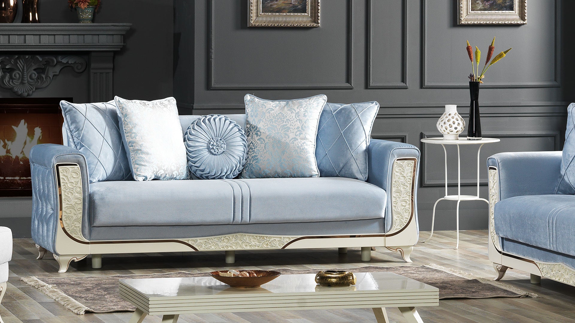 Carmen Convertible Livingroom (1 Sofa & 1 Loveseat & 1 Chair) Light Blue