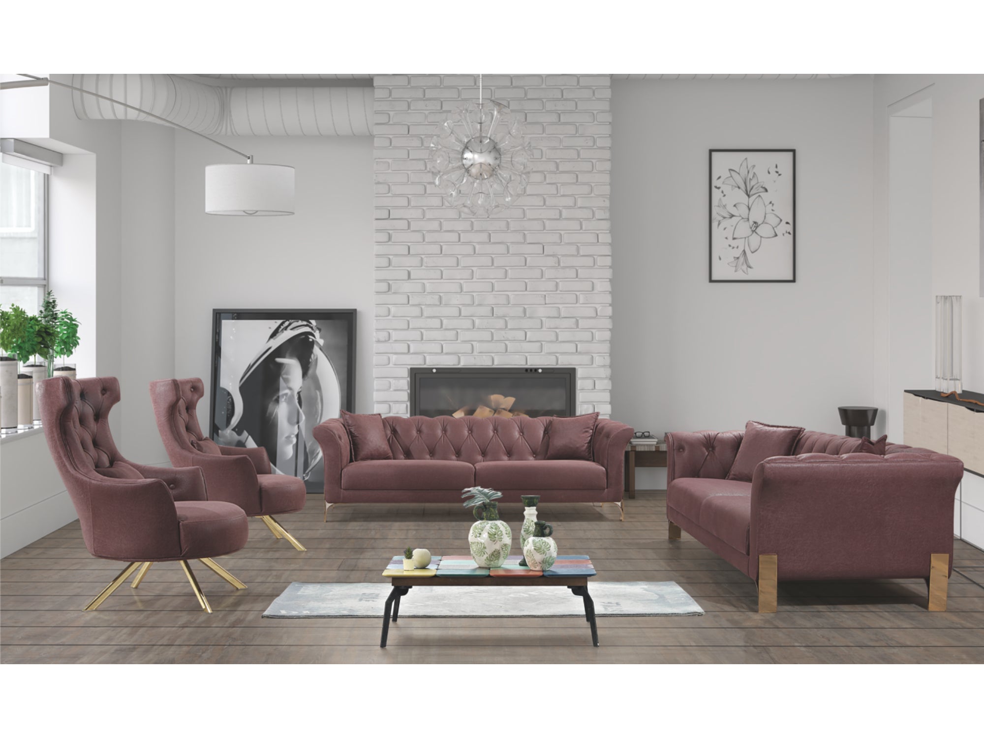 Chess Stationary Livingroom (1 Sofa & 1 Loveseat & 1 Chair) With Gold Legs