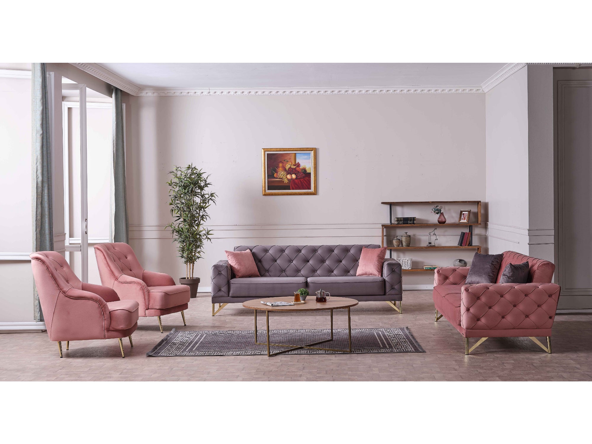 Fiesta Convertible Livingroom (1 Pink Sofa & 1 Grey Sofa & 2 Chair) Pink / Grey