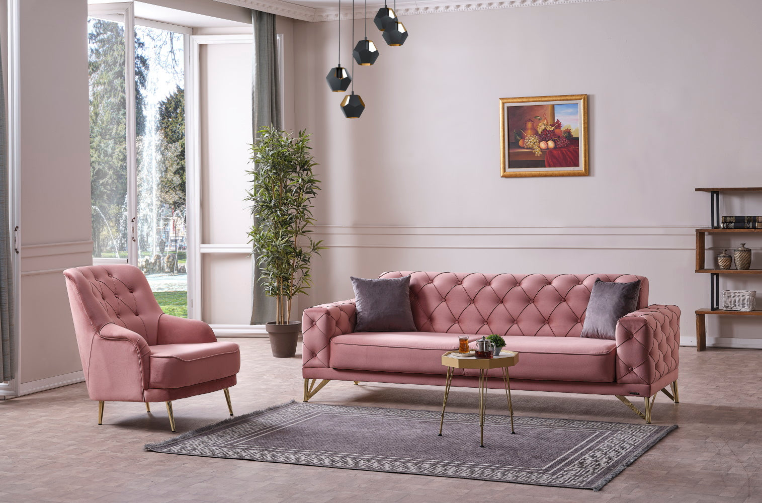 Fiesta Convertible Livingroom (1 Pink Sofa & 1 Grey Sofa & 2 Chair) Pink / Grey
