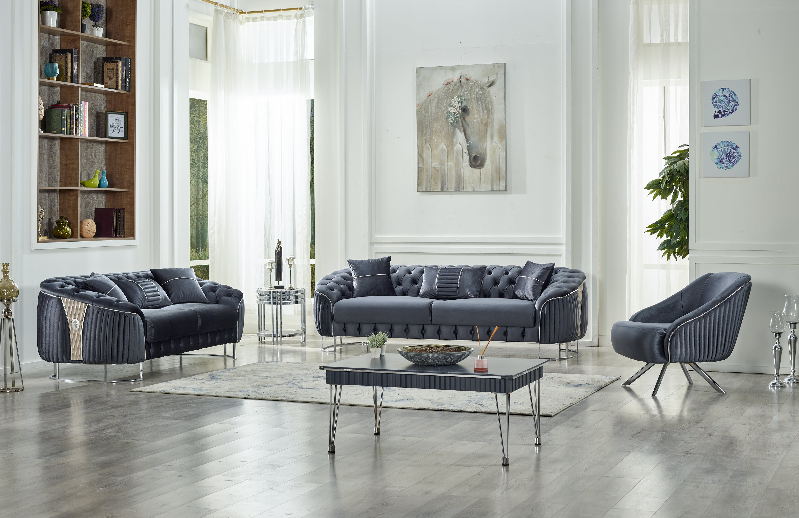 Lucas Stationary Livingroom (2 Sofa & 2 Chair) Dark Grey