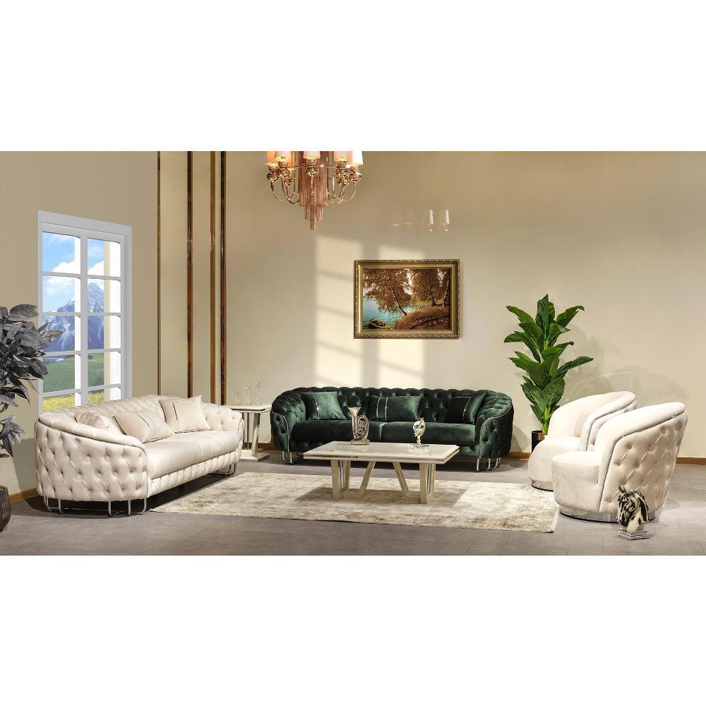 Nova Stationary Livingroom (1 Green Sofa & 1 Cream Sofa & 2 Cream Chair) Cream / Green