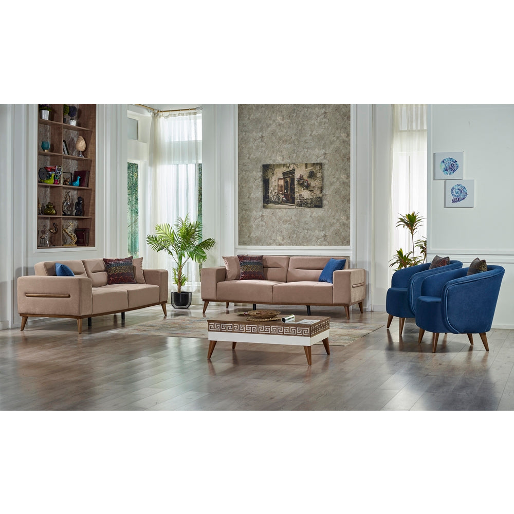 Odesa Convertible Livingroom (2 Sofa & 2 Blue Chair) Light Brown