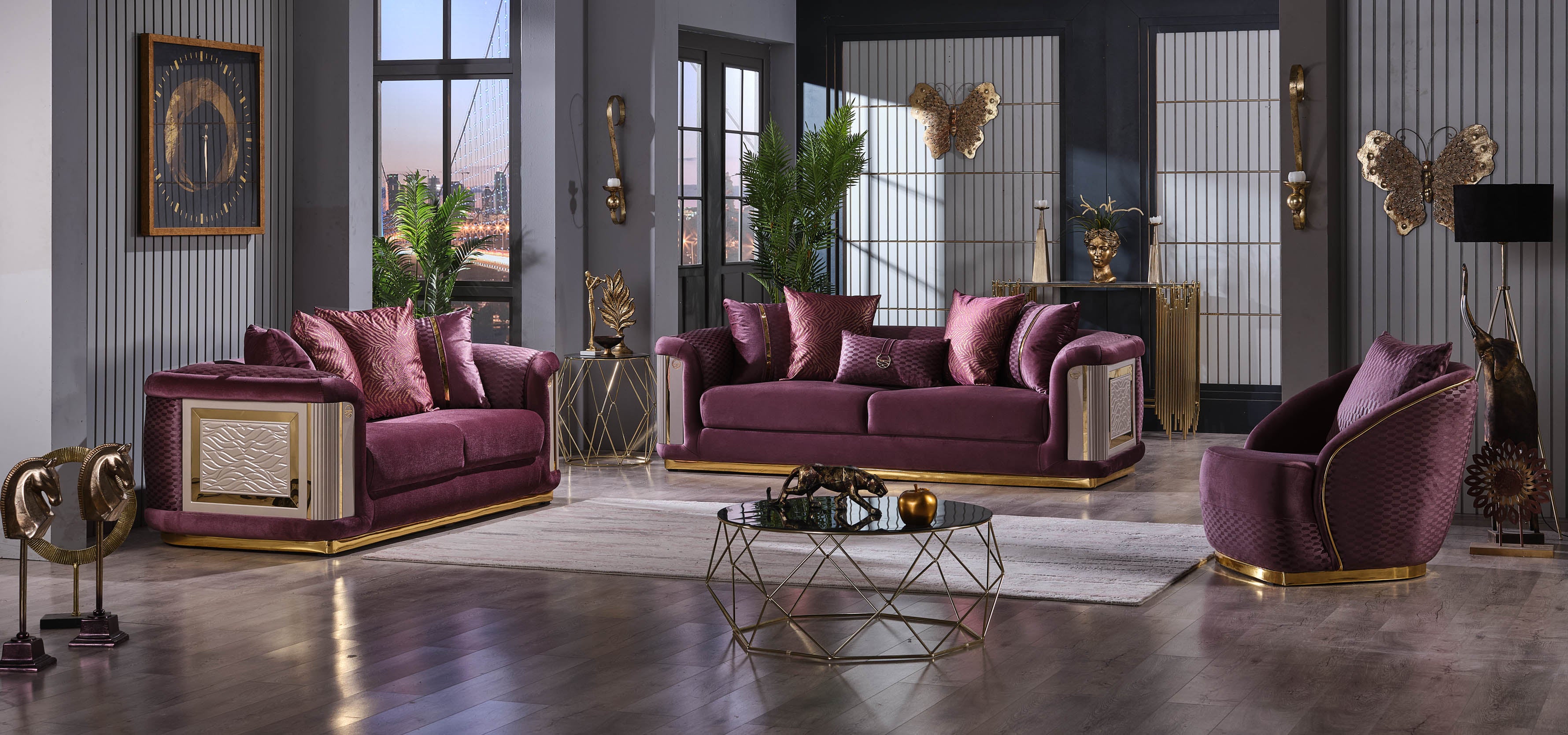Elegance Stationary Livingroom (2 Sofa & 2 Chair) Purple