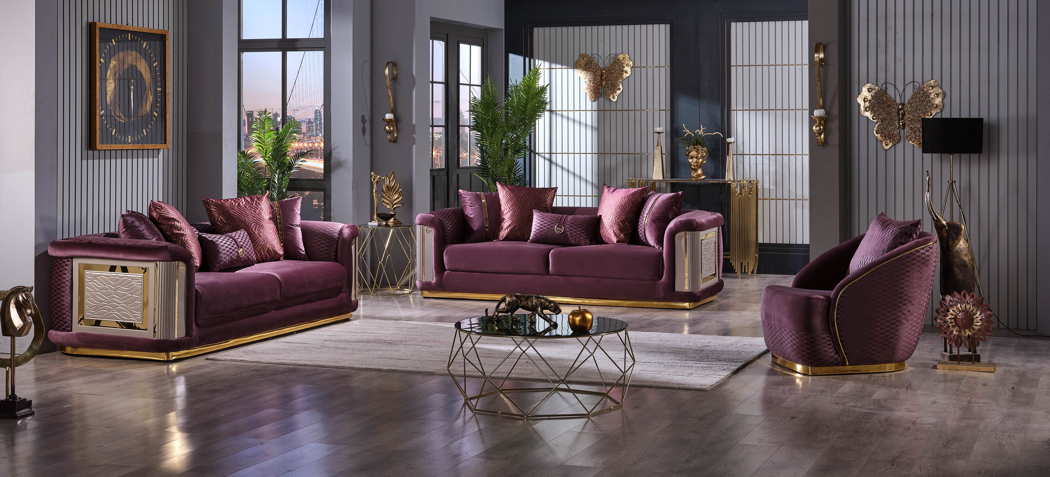 Elegance Stationary Livingroom (1 Sofa & 1 Loveseat & 1 Chair) Purple